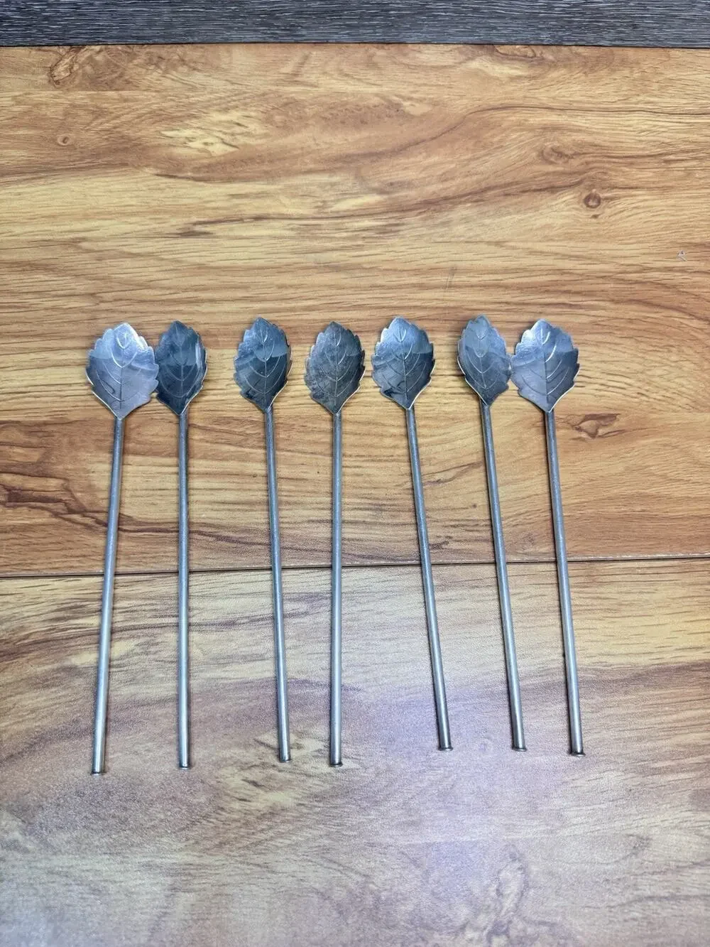 Vintage H & Co Silver Tone Leaf Sipper Straws Iced Tea Spoons 7-1/4” ~Set of 7